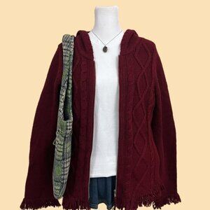 Burgundy cable knit y2k cardigan with fringe detailing and double zipper closure